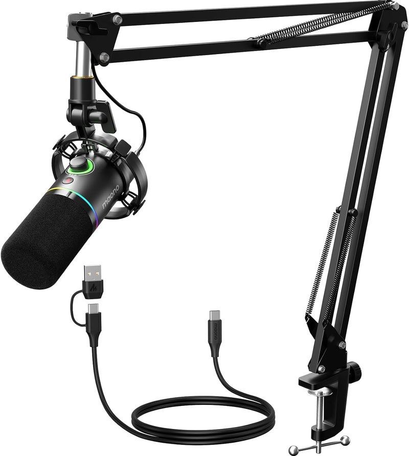 MAONO XLR/USB Dynamic Microphone Kit, RGB Podcast Mic with Software, Mute, Gain Knob, Volume Control, Boom Arm for Streaming, Gaming, Voice-Over, Recording-PD200XS Black - Image 1