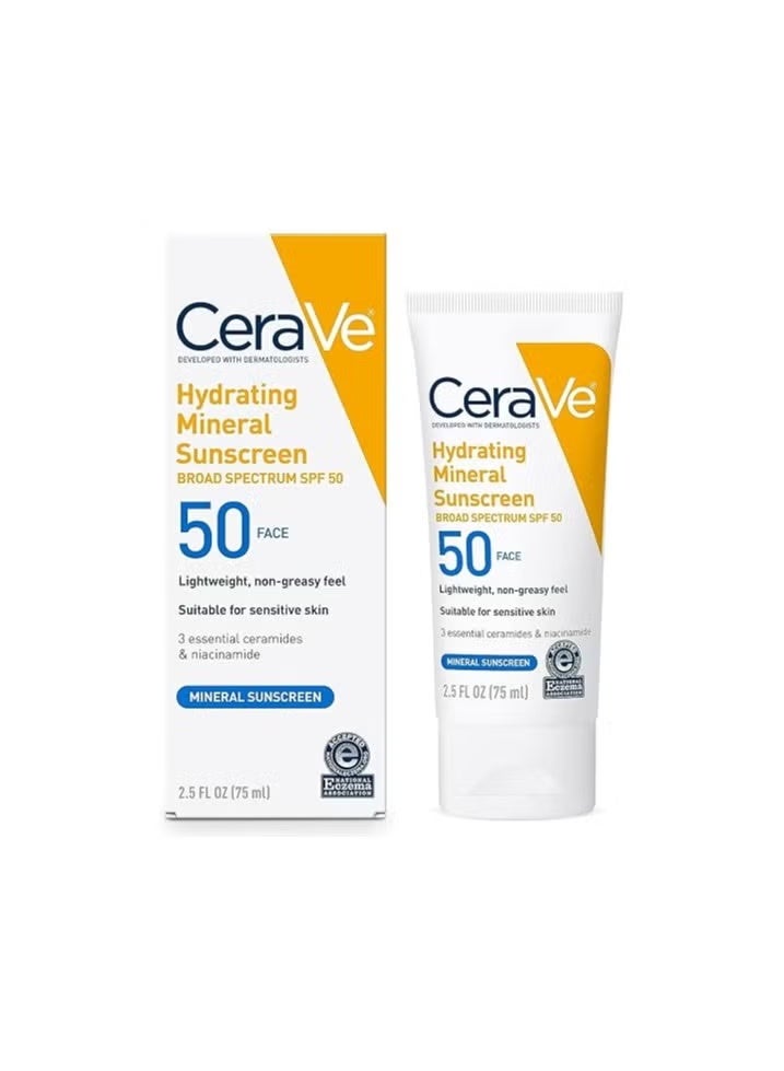 CeraVe SPF 50 Face Sunscreen – 100% Mineral Formula with Zinc Oxide & Titanium Dioxide, 75ml
