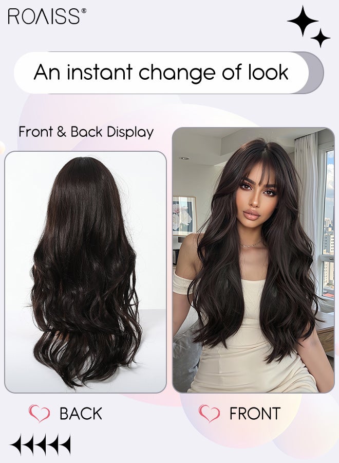 roaiss 26-inch Natural Black Long Wavy Hair Wig with Bang for Women Natural-looking Wavy Wigs Heat Resistant Synthetic Hair Wig Hairpiece with Hair Net for Cosplay Party Daily Use - Image 2