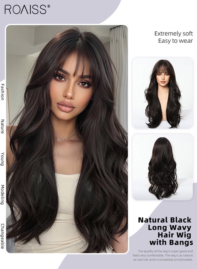 roaiss 26-inch Natural Black Long Wavy Hair Wig with Bang for Women Natural-looking Wavy Wigs Heat Resistant Synthetic Hair Wig Hairpiece with Hair Net for Cosplay Party Daily Use - Image 1