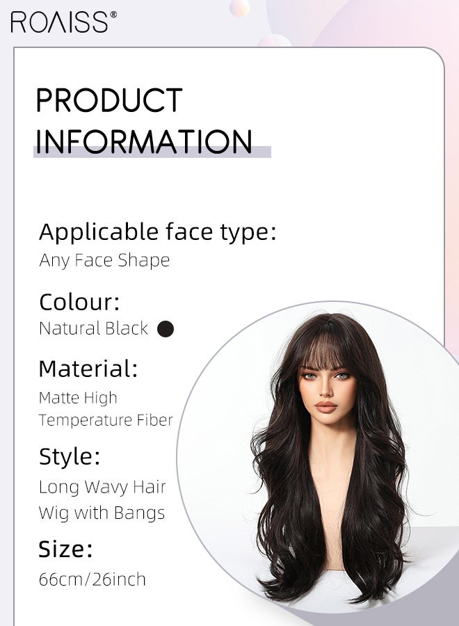 roaiss 26-inch Natural Black Long Wavy Hair Wig with Bang for Women Natural-looking Wavy Wigs Heat Resistant Synthetic Hair Wig Hairpiece with Hair Net for Cosplay Party Daily Use - Image 3