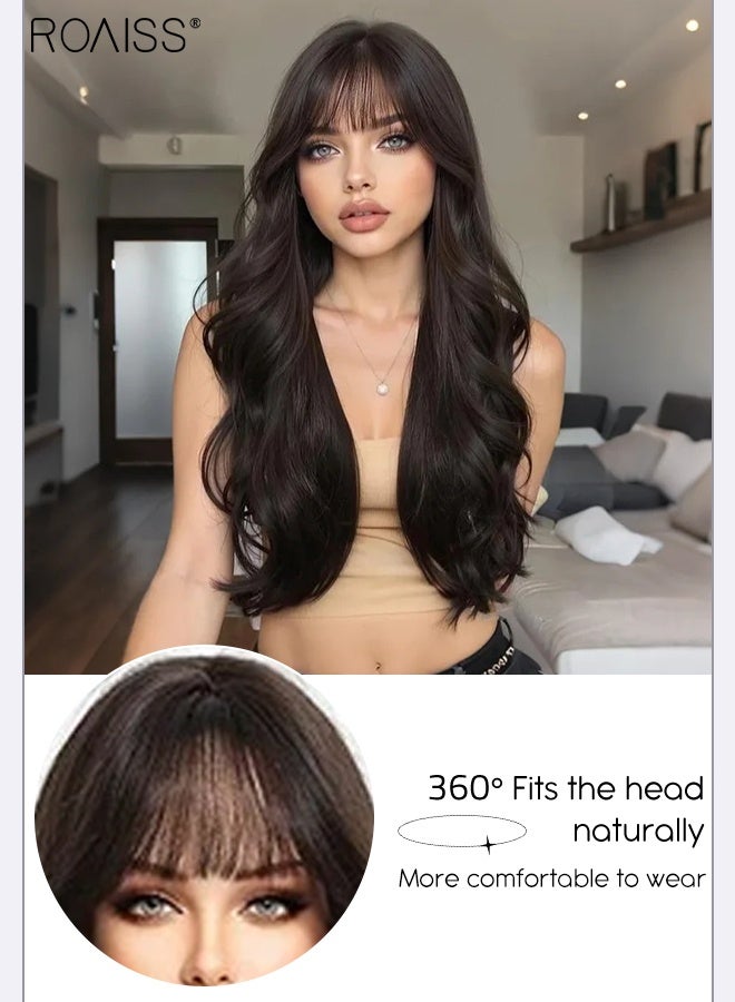 roaiss 26-inch Natural Black Long Wavy Hair Wig with Bang for Women Natural-looking Wavy Wigs Heat Resistant Synthetic Hair Wig Hairpiece with Hair Net for Cosplay Party Daily Use - Image 4
