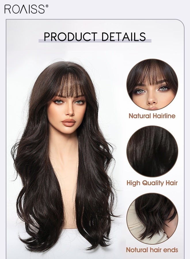 roaiss 26-inch Natural Black Long Wavy Hair Wig with Bang for Women Natural-looking Wavy Wigs Heat Resistant Synthetic Hair Wig Hairpiece with Hair Net for Cosplay Party Daily Use - Image 5