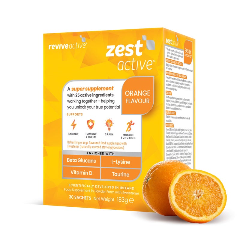 Revive Active Zest Active 25 Active Ingredients in One Daily Sachet 30 Day Supply Supports Energy Immune System Brain Muscle Function
