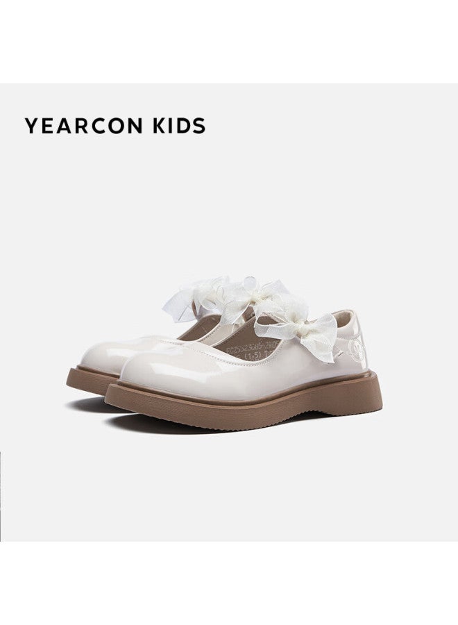 Yierkang Girls' School Shoes Soft Sole Breathable Student Flats With Bowknot Black Performance Shoes Off-white Size 32