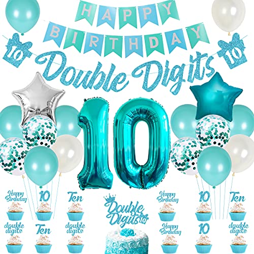 Funmemoir 10th Birthday Decorations for Girls Teal Double Digits Party Supplies Turquoise Banner Cake Cupcake Toppers Number 10 Helium Balloon Star Foil Balloon for 10 Year Old Girl Party Decorations - Image 1