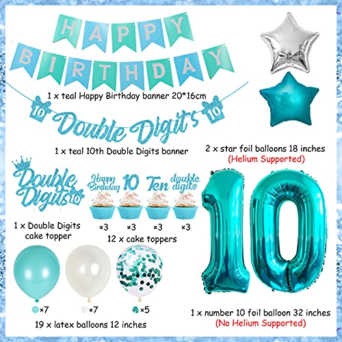 Funmemoir 10th Birthday Decorations for Girls Teal Double Digits Party Supplies Turquoise Banner Cake Cupcake Toppers Number 10 Helium Balloon Star Foil Balloon for 10 Year Old Girl Party Decorations - Image 5