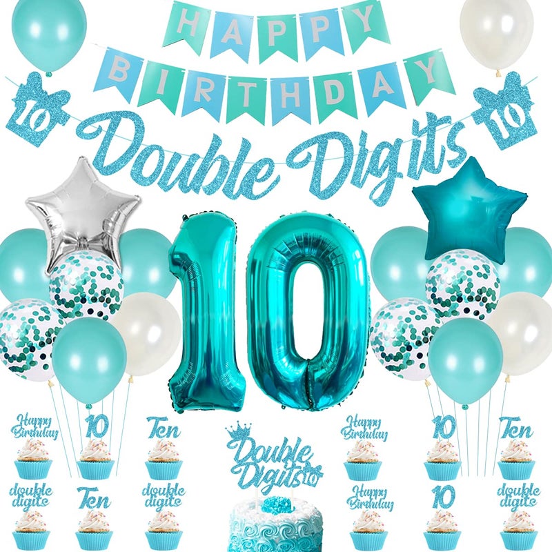 Funmemoir 10th Birthday Decorations for Girls Teal Double Digits Party Supplies Turquoise Banner Cake Cupcake Toppers Number 10 Helium Balloon Star Foil Balloon for 10 Year Old Girl Party Decorations - Image 3
