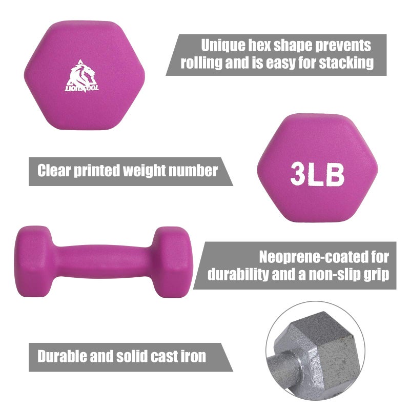 Lionscool Neoprene Coated Dumbbell Weights (Purple 3Lb Pair) - Image 3