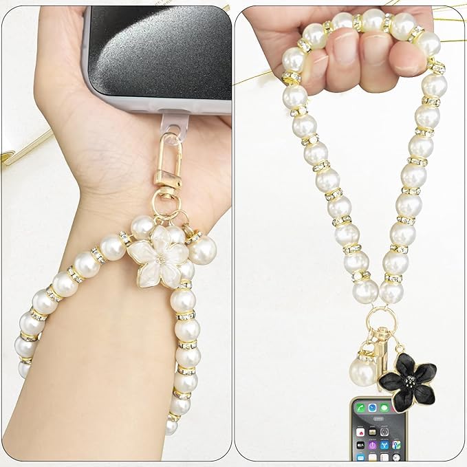 KHOLAD Phone Chain Crossbody Pearl Strap, 2in1 Wrist&Shouler Crossbody Lanyard, Pearl Beads Charms Chain with Phone Tether Patches Compatible with Most Phones Bag Purse - Image 2