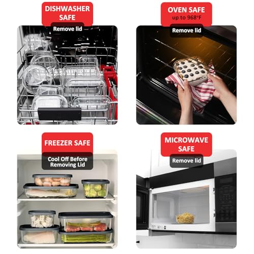 EATEX 14 Pack Glass Meal Prep Containers with Grooved Base, 14 Stackable BPA Free Glass Storage Containers with Lids for Lunch, Pantry, and Kitchen - Microwave, Dishwasher Freezer & Oven Safe - Black - Image 3