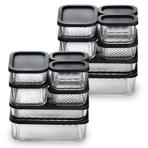 EATEX 14 Pack Glass Meal Prep Containers with Grooved Base, 14 Stackable BPA Free Glass Storage Containers with Lids for Lunch, Pantry, and Kitchen - Microwave, Dishwasher Freezer & Oven Safe - Black - Image 1