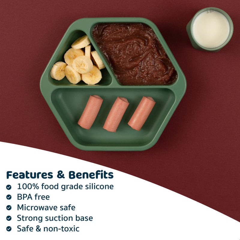 Tiny Twinkle Silicone Suction Baby Plate, Suction Grip Divided Dish for First Foods and Self-Feeding Toddlers, Baby Led Weaning Supplies for Independent Eating (Olive Plate with Lid) - Image 4