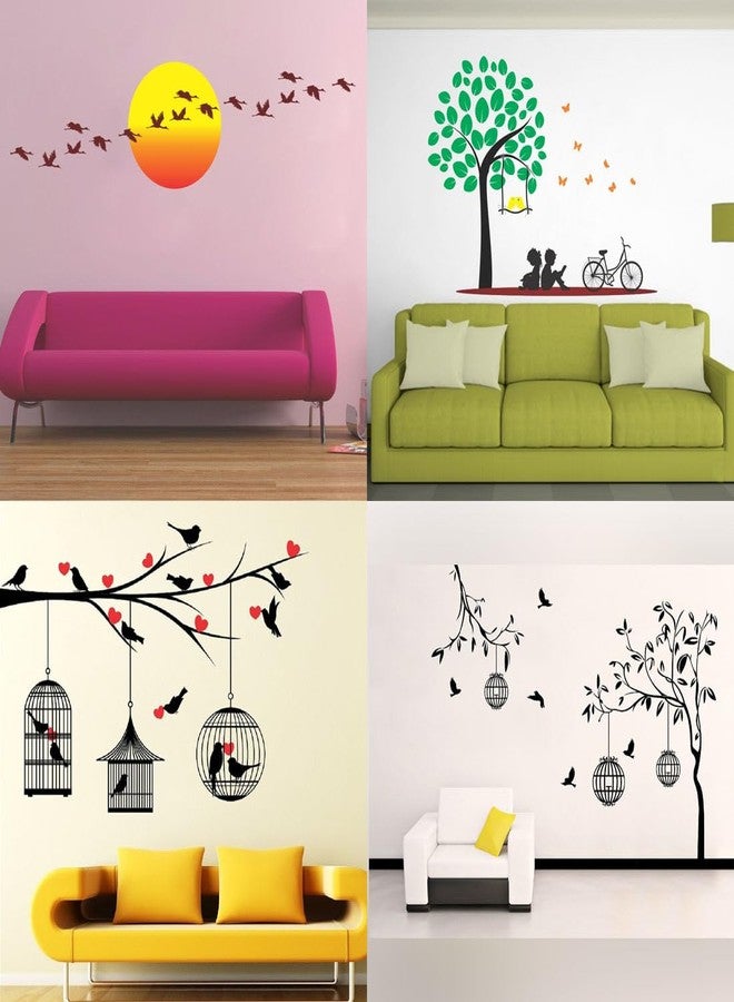 WALLBOOK Set of 4 Wall Stickers Sunrise with Flying Bird| Free Bird case Black| Kids Under The Tree| Love Birds with Hearts - Image 1