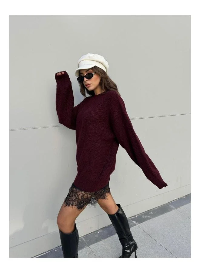 mina aise Women's Burgundy Knit Sweater with Lace Details 4514.