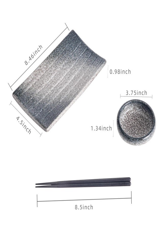 Uaral 6 Pieces Sushi Plate,Japanese Ceramic Sushi Tray Set for Two,Sashimi Serving Platter Set with 2 Soy Sauce Dishes,2 Pairs of Chopsticks,Midnight Blue - Image 5