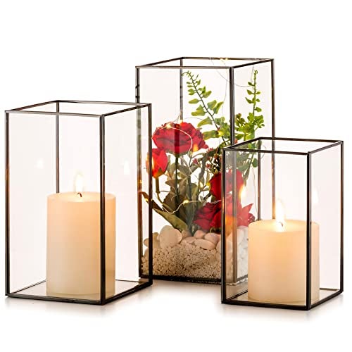 Nuptio Glass Hurricane Candle Holder for Pillar Candles 3 Pcs Black Metal Candle Holders Large Rectangular Candleholder Vase Centerpieces Decoration for Halloween Christmas Party 95 81 65 inch - Image 1