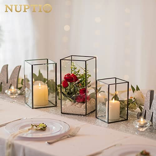Nuptio Glass Hurricane Candle Holder for Pillar Candles 3 Pcs Black Metal Candle Holders Large Rectangular Candleholder Vase Centerpieces Decoration for Halloween Christmas Party 95 81 65 inch - Image 3