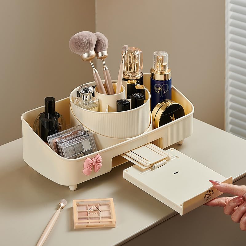 Crobat Makeup Organizer with Mirror Cosmetic Display Case Large Capacity Cosmetic Storage Box with Mirror Multifunctional Cosmetic Case with Rotating Shaft for Makeup Brushes Mascara - Image 2
