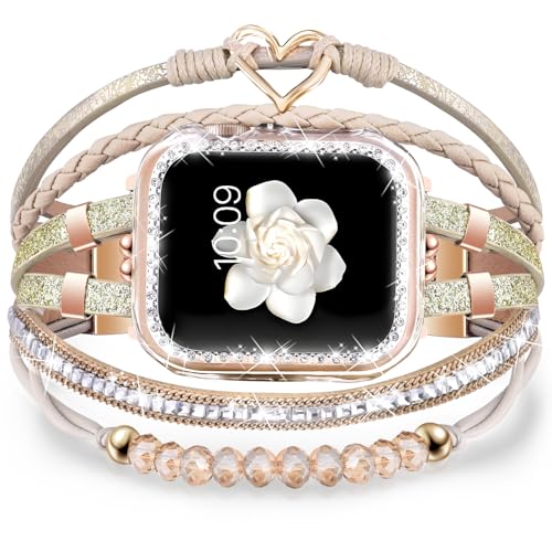 Fancywrist Boho Bracelet & Case Compatible with Apple Watch Band 40mm 44mm 45mm 46mm 41mm 38mm 42mm(S11 S10) Women, Dressy beaded Handmade Leather Strap for iWatch Series11 10 9 8 7 6 5 4 3 2 1 SE - Image 1