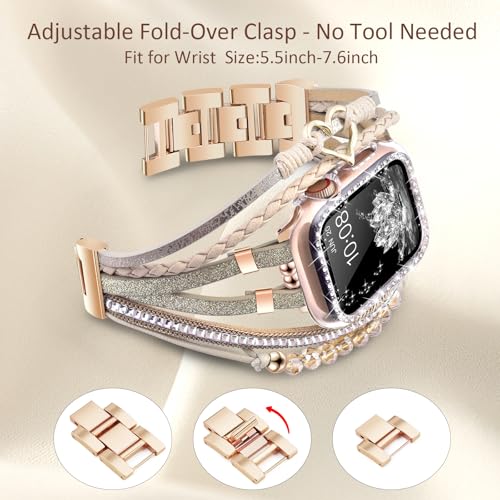 Fancywrist Boho Bracelet & Case Compatible with Apple Watch Band 40mm 44mm 45mm 46mm 41mm 38mm 42mm(S11 S10) Women, Dressy beaded Handmade Leather Strap for iWatch Series11 10 9 8 7 6 5 4 3 2 1 SE - Image 3