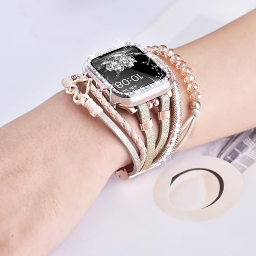 Fancywrist Boho Bracelet & Case Compatible with Apple Watch Band 40mm 44mm 45mm 46mm 41mm 38mm 42mm(S11 S10) Women, Dressy beaded Handmade Leather Strap for iWatch Series11 10 9 8 7 6 5 4 3 2 1 SE - Image 2