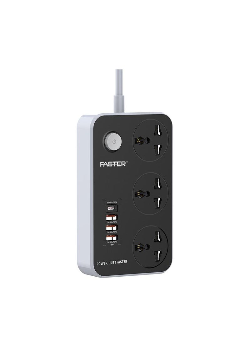 Faster - Multifunctional Smart Socket Power Extension Cord with 3 Outlets, Universal Power Strip with USB 18W QC3.0A and Type C PD 20W  Charging slot, Multi-Plug Power Extension Socket for Office, Home,Kitchen - Image 1