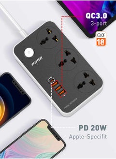 Faster Multifunctional Smart Socket Power Extension Cord with 3 Outlets, Universal Power Strip with USB 18W QC3.0A and Type C PD 20W  Charging slot, Multi-Plug Power Extension Socket for Office, Home,Kitchen  - Image 2