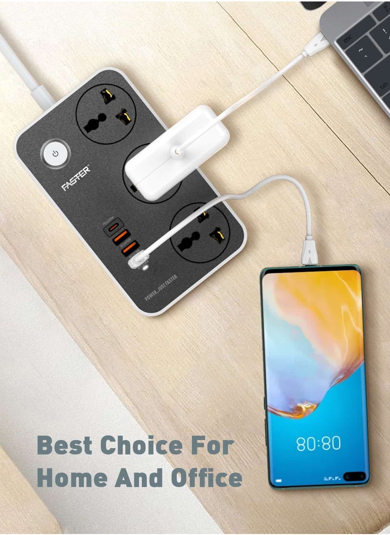 Faster - Multifunctional Smart Socket Power Extension Cord with 3 Outlets, Universal Power Strip with USB 18W QC3.0A and Type C PD 20W  Charging slot, Multi-Plug Power Extension Socket for Office, Home,Kitchen - Image 1
