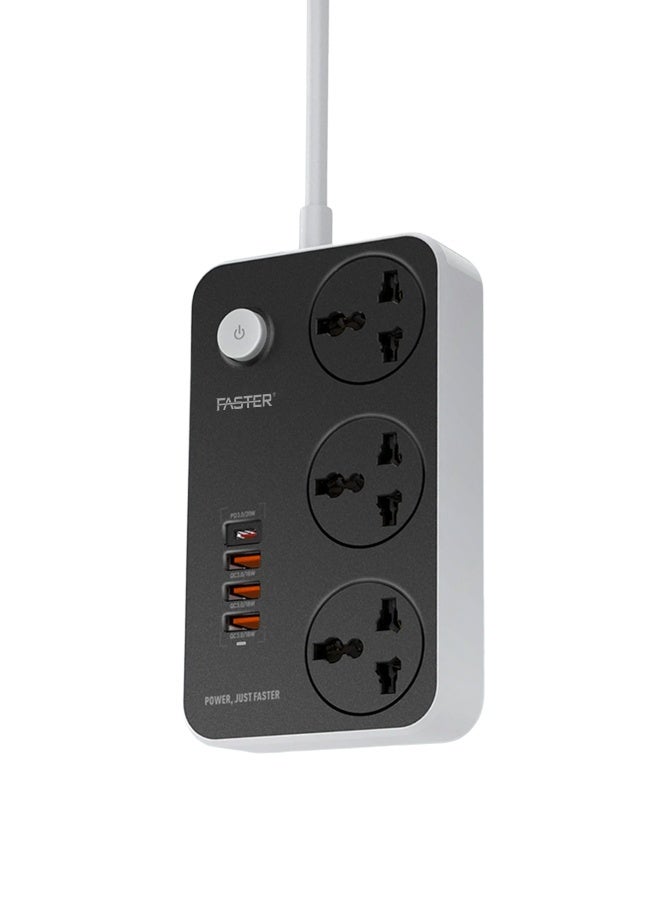 Faster FUS-640 Multifunctional Smart Socket Power Extension Cord with 3 Outlets Power Socket, 4 USB Ports - Multi Plug Universal Power Strip with USB 38W QC3.0A, Type C PD 20W Charging Power Station - Image 1