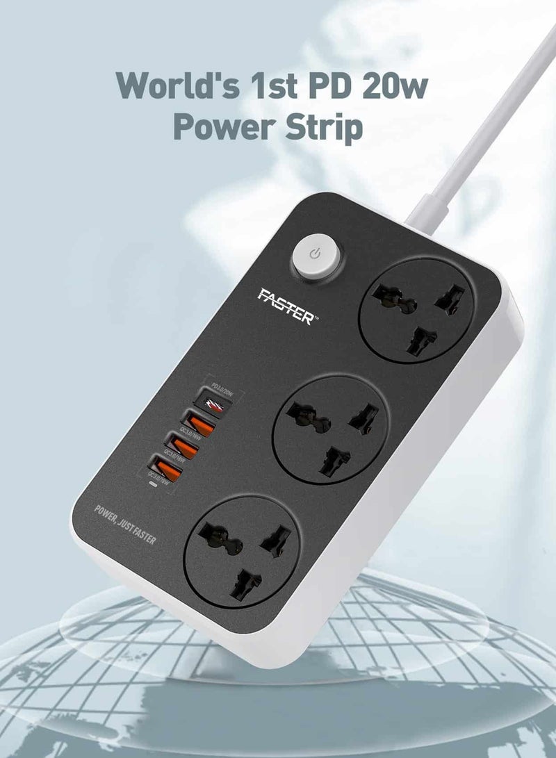 Faster FUS-640 Multifunctional Smart Socket Power Extension Cord with 3 Outlets Power Socket, 4 USB Ports - Multi Plug Universal Power Strip with USB 38W QC3.0A, Type C PD 20W Charging Power Station - Image 3