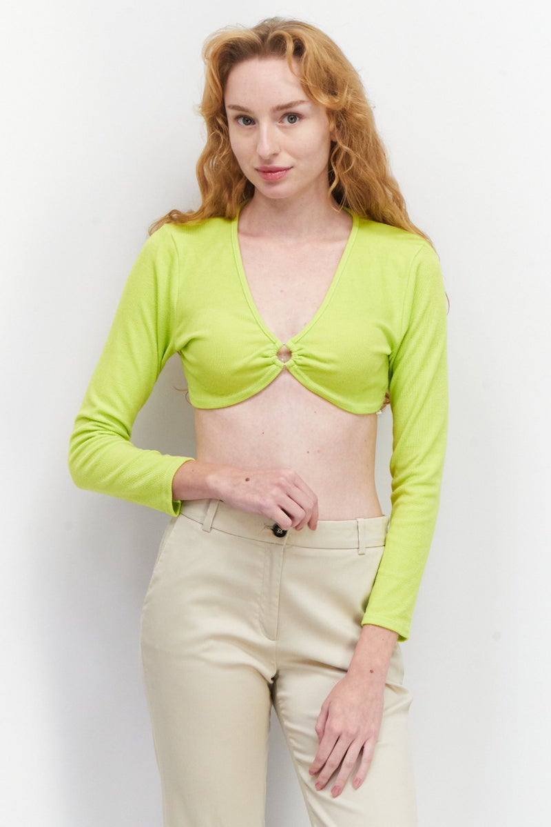 I SAW IT FIRST Women Keyhole Neckline Long Sleeves  Textured Crop Top, Lime - Image 1