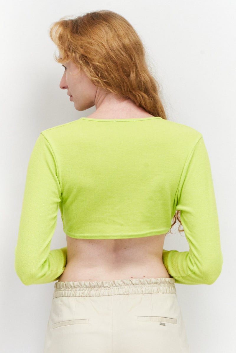 I SAW IT FIRST Women Keyhole Neckline Long Sleeves  Textured Crop Top, Lime - Image 3