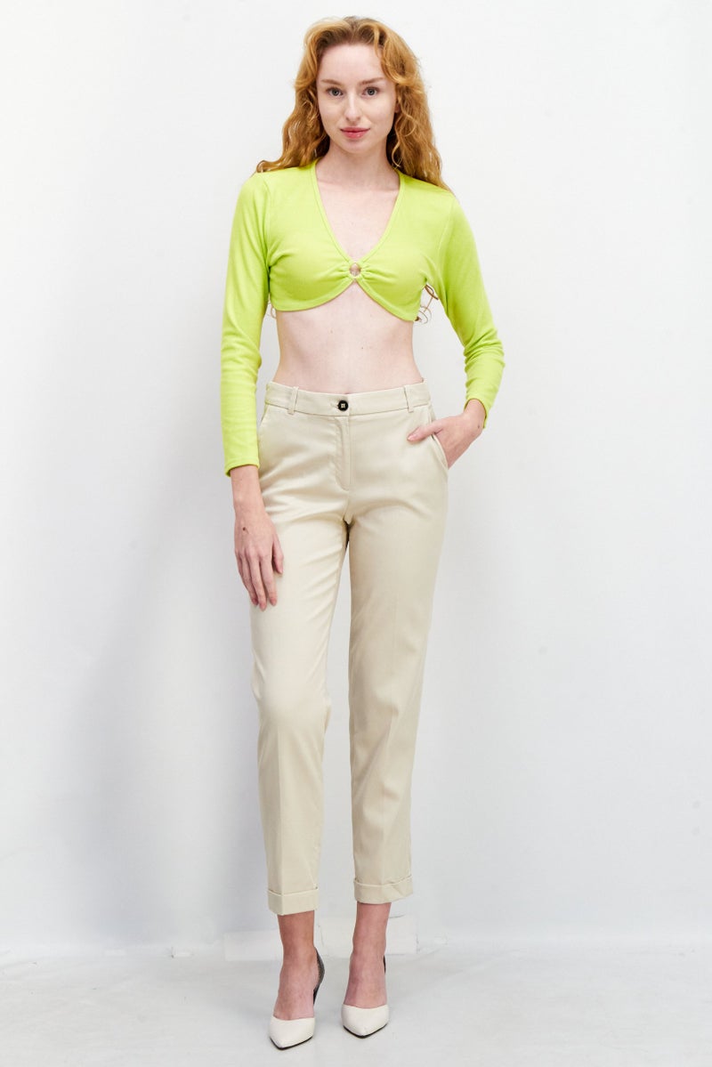 I SAW IT FIRST Women Keyhole Neckline Long Sleeves  Textured Crop Top, Lime - Image 4