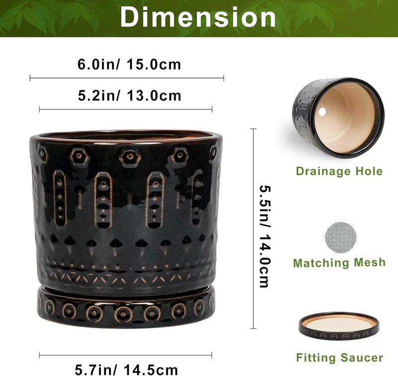 Eightpot 6 Inch Ceramic Planter Pot Plant Pot with Drainage Hole and Saucer, Round Large Flower Pot for Indoor Plants Outdoor Garden Planter Pot, Glossy Black - Image 2