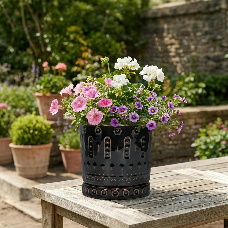 Eightpot 6 Inch Ceramic Planter Pot Plant Pot with Drainage Hole and Saucer, Round Large Flower Pot for Indoor Plants Outdoor Garden Planter Pot, Glossy Black - Image 3