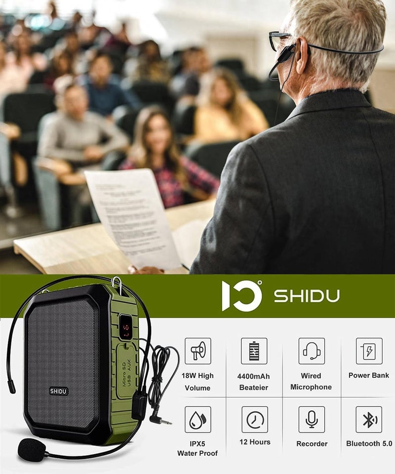 SHIDU مكبر صوت مضخم الصوت البلوتوث ، مجموعة ميكروفون ومكبر صوت محمولة مقاومة للماء بقدرة 18 واط 4400 مللي أمبير في الساعة قابلة لإعادة الشحن للمعلمين، المدربين، الخطب في الهواء الطلق - Image 2