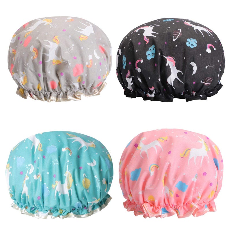 Tbestmax Unicorn Shower Caps, Double Layers Bath Hat for Women Girls to Cover Long and Thick Hair, Reusable Waterproof Bonnet 4 Pack - Image 1