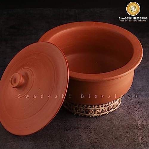 Swadeshi Blessings HandMade Exclusive Range Unglazed Earthen Kadai/Mud Handi/Mitti Ke Bartan/Clay Pot for Cooking & Serving with Lid(with Mirror Shine) + Free Palm Leaf Stand (3 Liters) - Image 2