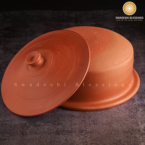 Swadeshi Blessings HandMade Exclusive Range Unglazed Earthen Kadai/Mud Handi/Mitti Ke Bartan/Clay Pot for Cooking & Serving with Lid(with Mirror Shine) + Free Palm Leaf Stand (3 Liters) - Image 5