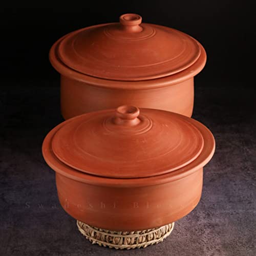 Swadeshi Blessings HandMade Exclusive Range Unglazed Earthen Kadai/Mud Handi/Mitti Ke Bartan/Clay Pot for Cooking & Serving with Lid(with Mirror Shine) + Free Palm Leaf Stand (3 Liters) - Image 4