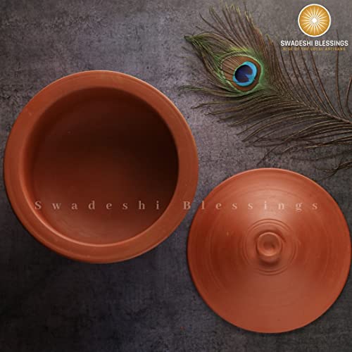 Swadeshi Blessings HandMade Exclusive Range Unglazed Earthen Kadai/Mud Handi/Mitti Ke Bartan/Clay Pot for Cooking & Serving with Lid(with Mirror Shine) + Free Palm Leaf Stand (3 Liters) - Image 3