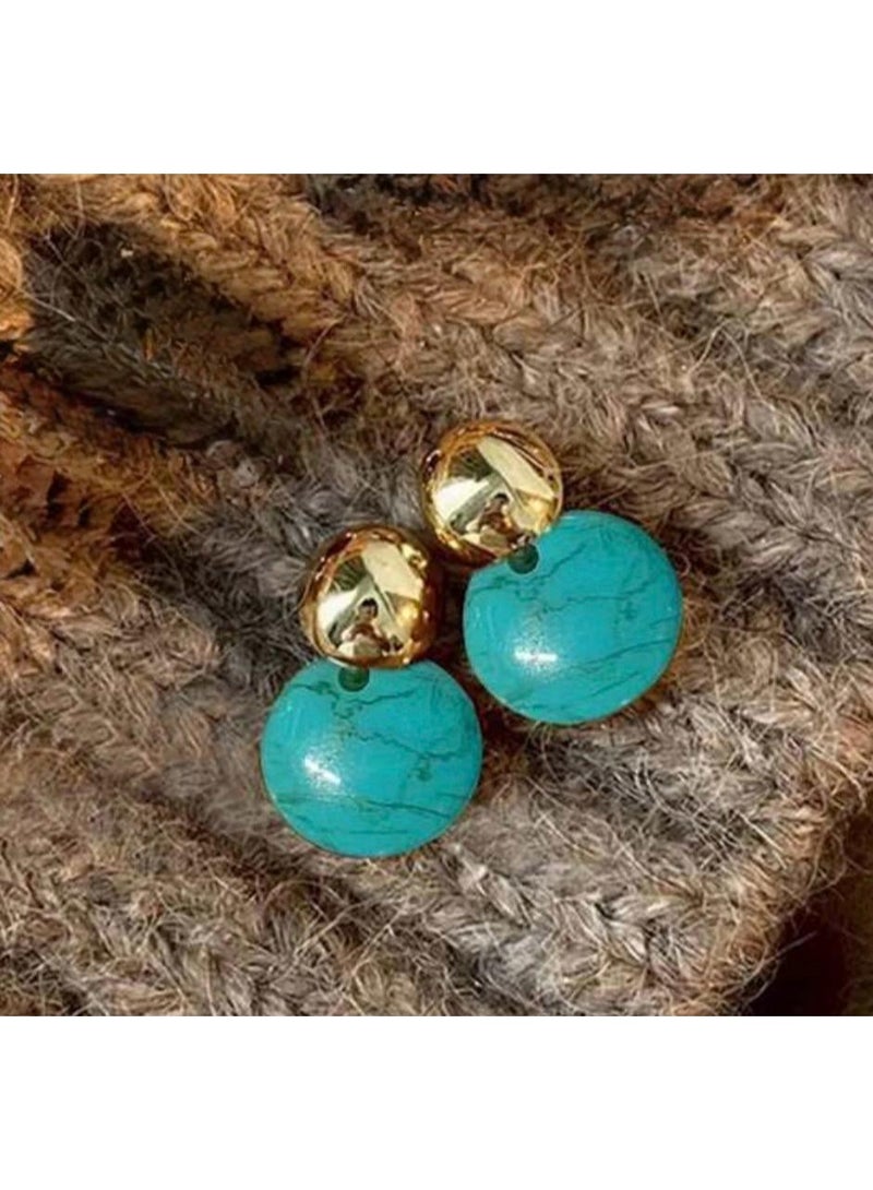 Modern Gold & Turquoise Drop Earrings – Polished Golden Studs with Marble-Effect Turquoise Discs