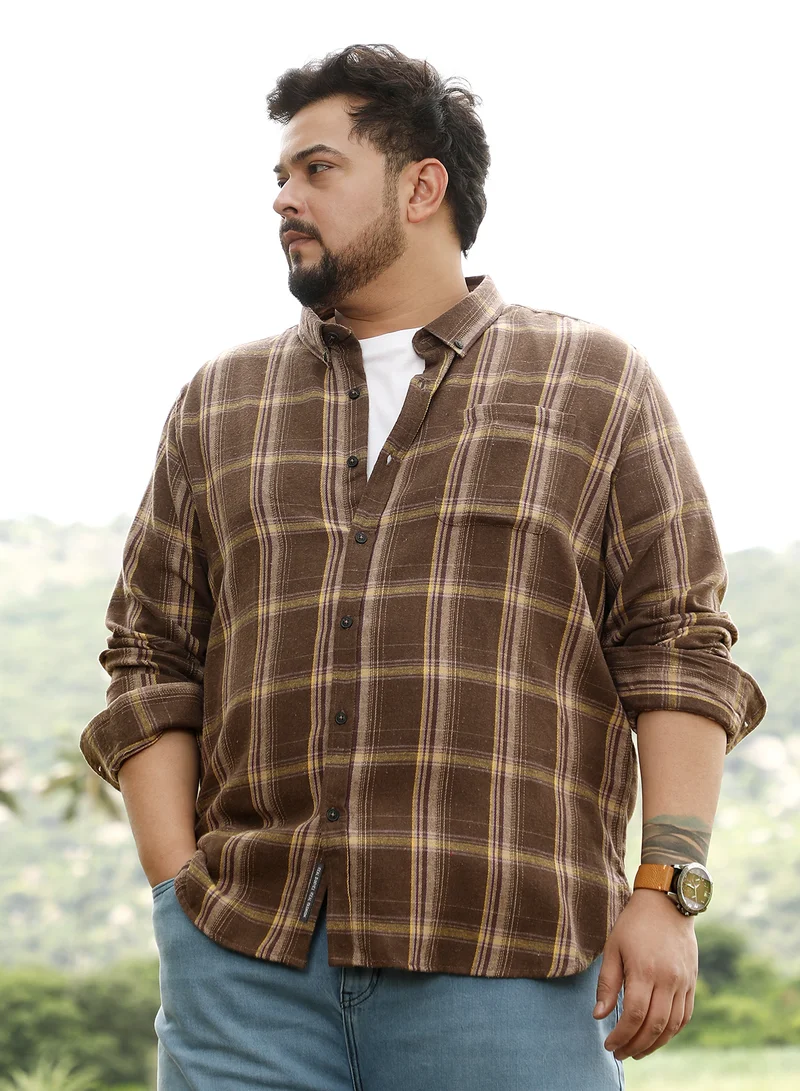 Instafab Plus Instafab Plus Men Button-Down Plaid Shirt | Button-Down Collar , Long Cuffed Sleeves | Button Closure , Curved Hem | Checks Jacquard | Woven Fabric For Casual & Daily Wear | Mocha Brown