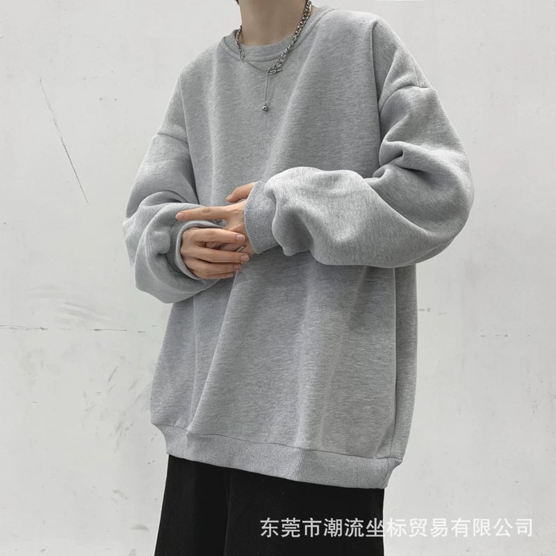 Spring and Autumn Spot Solid Color Sweatshirt Mens Trendy All-match oversize Loose Hong Kong Style Round Neck Hood Long Sleeve Jacket Blue [regular]]