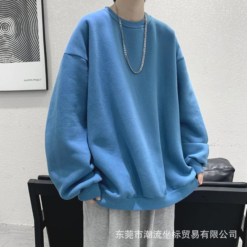 Spring and Autumn Spot Solid Color Sweatshirt Mens Trendy All-match oversize Loose Hong Kong Style Round Neck Hood Long Sleeve Jacket Blue [regular]]