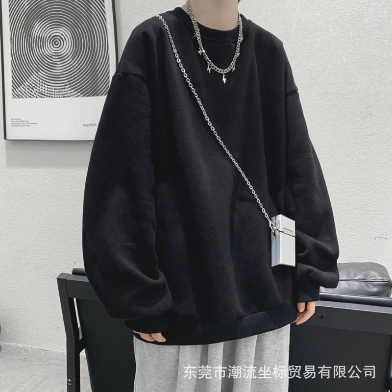 Spring and Autumn Spot Solid Color Sweatshirt Mens Trendy All-match oversize Loose Hong Kong Style Round Neck Hood Long Sleeve Jacket Blue [regular]]
