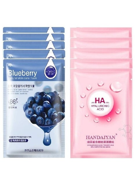 10 Pieces Set: 5 Hydrating Natural Berry Face Masks Rorec and 5 Hyaluronic Acid Face Masks Handaiyan