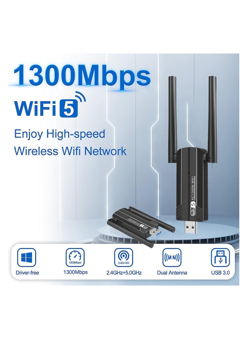 Generic - Wireless USB WiFi Adapter, 2.4/5Ghz Wireless Network External Receiver, Driver Free 1300Mbps Dual Band WiFi Dongle, Supporting Windows 11/10/8.1/8/7/XP - Image 1