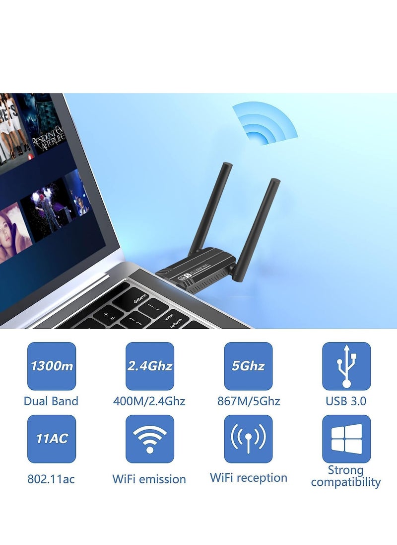 Generic - Wireless USB WiFi Adapter, 2.4/5Ghz Wireless Network External Receiver, Driver Free 1300Mbps Dual Band WiFi Dongle, Supporting Windows 11/10/8.1/8/7/XP - Image 1